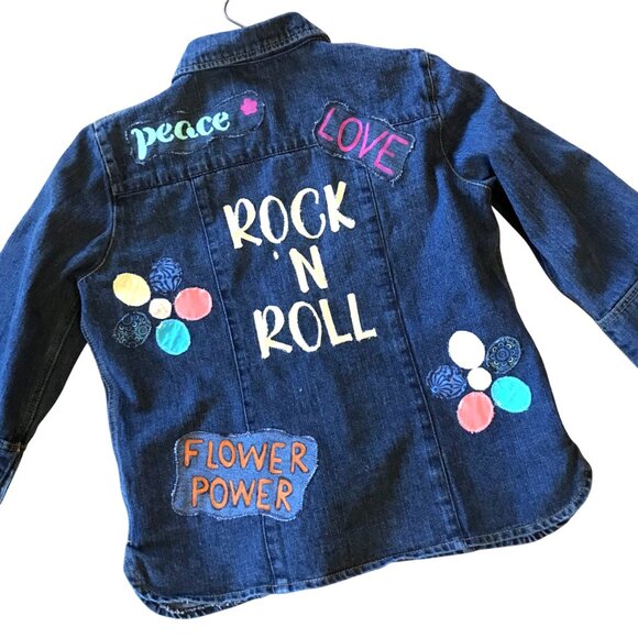 Painted Jean Jacket, Size Medium: Upcycled Denim Shirt, Rock and Roll Hippie Top - Picture 1 of 9